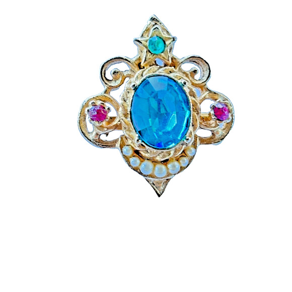 Coro signed vintage aqua blue rhinestone & faux pearl brooch pin goldtone 1" - Picture 3 of 13